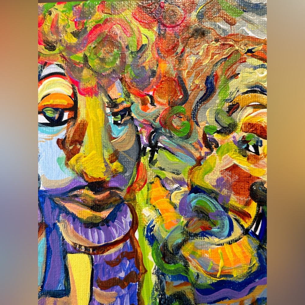 Abstract pair couple expressionist style acrylic painting 5x5” square glossed